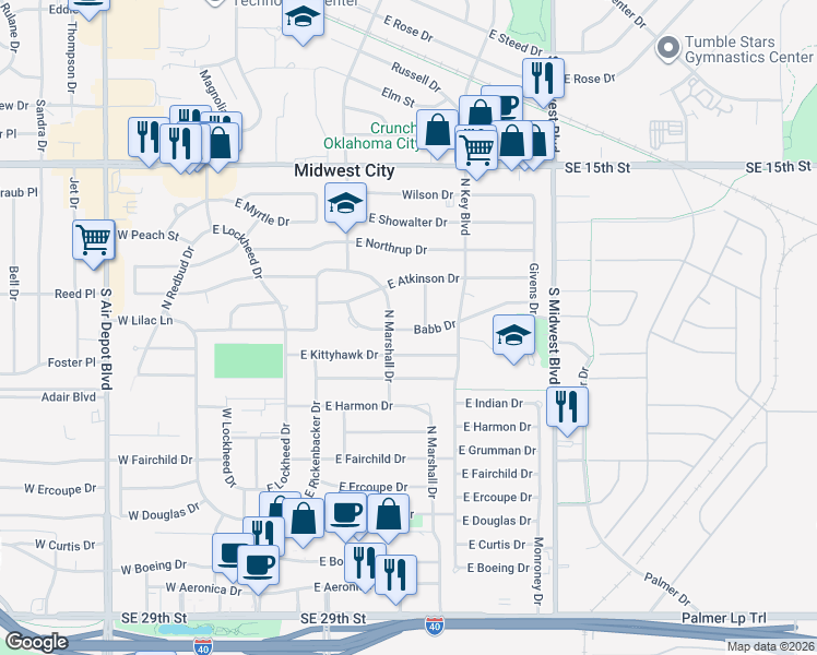 map of restaurants, bars, coffee shops, grocery stores, and more near 904 Borum Place in Midwest City