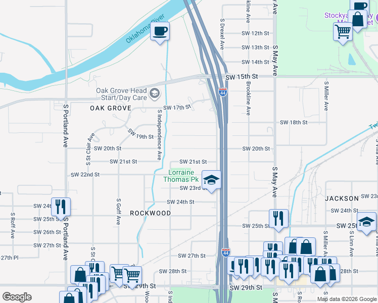 map of restaurants, bars, coffee shops, grocery stores, and more near 3213 Southwest 20th Street in Oklahoma City