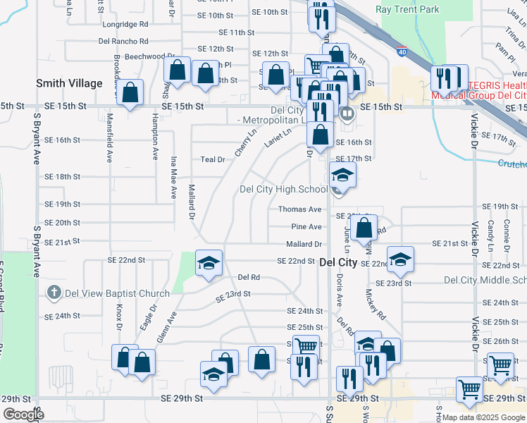 map of restaurants, bars, coffee shops, grocery stores, and more near 1832 Elm Drive in Del City