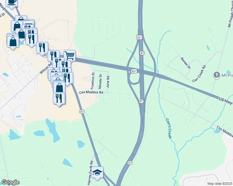 map of restaurants, bars, coffee shops, grocery stores, and more near 401 Cox Maddox Road in Sanford