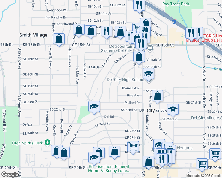 map of restaurants, bars, coffee shops, grocery stores, and more near 1904 Elm Drive in Del City