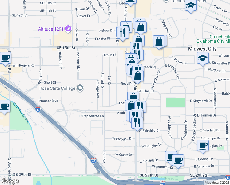 map of restaurants, bars, coffee shops, grocery stores, and more near 904 Sandra Drive in Midwest City