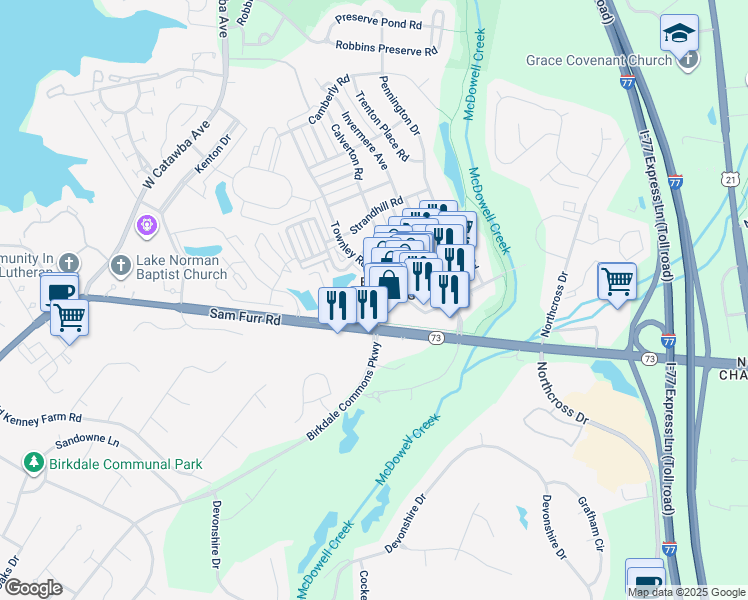 map of restaurants, bars, coffee shops, grocery stores, and more near 16725 Birkdale Commons Parkway in Huntersville