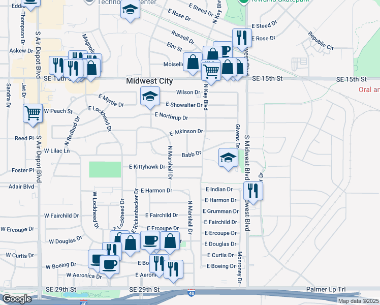 map of restaurants, bars, coffee shops, grocery stores, and more near 904 Borum Place in Midwest City