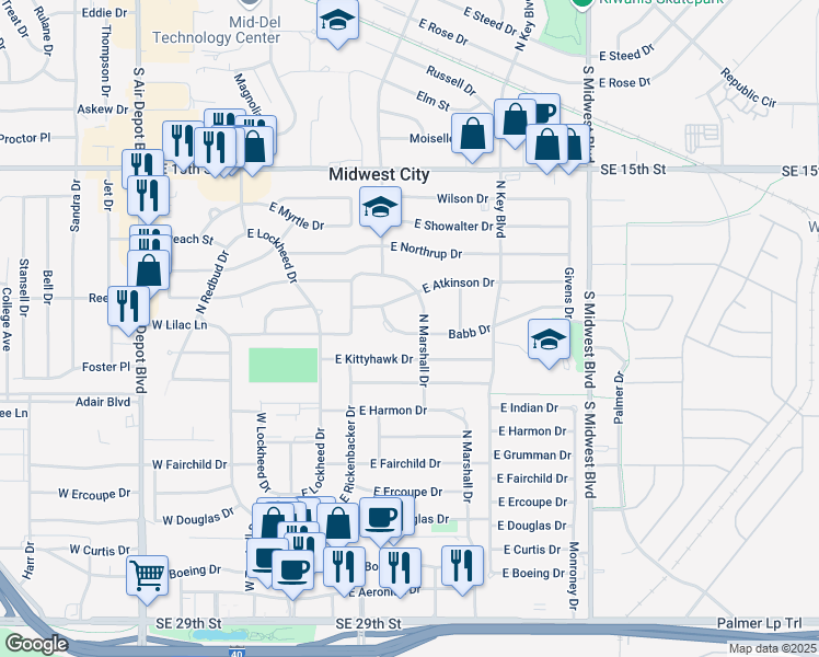map of restaurants, bars, coffee shops, grocery stores, and more near 907 North Marshall Drive in Midwest City