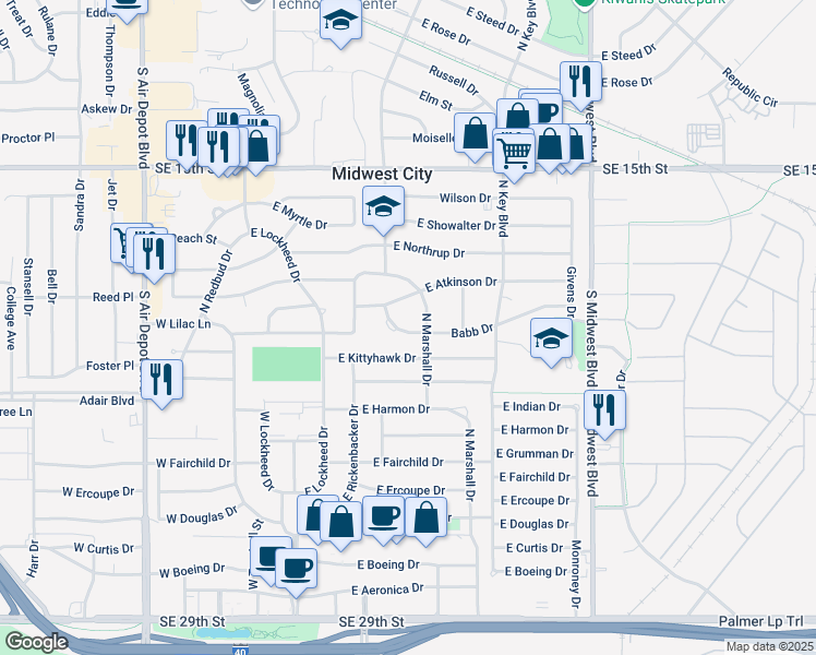 map of restaurants, bars, coffee shops, grocery stores, and more near 907 North Marshall Drive in Midwest City