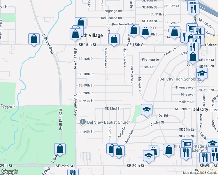 map of restaurants, bars, coffee shops, grocery stores, and more near 3121 Southeast 19th Street in Del City