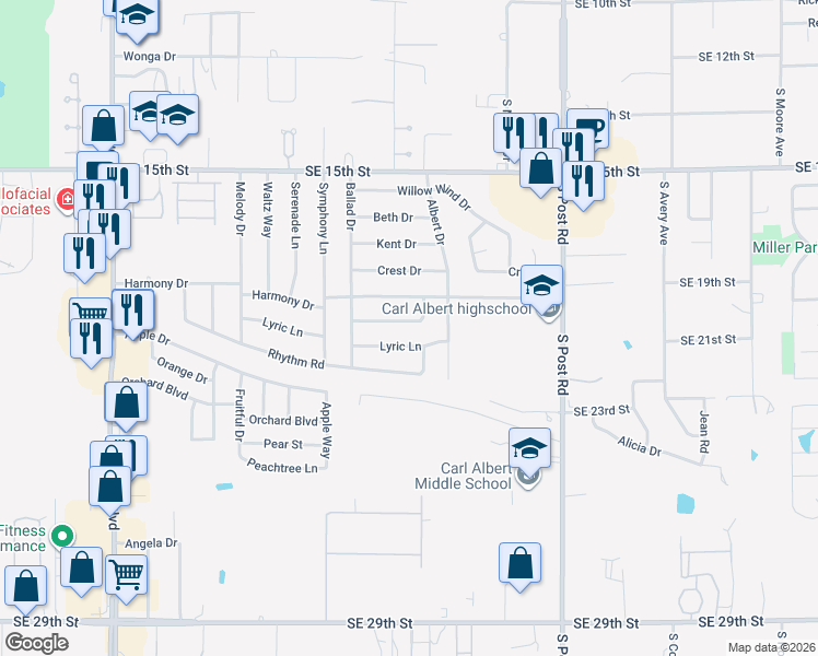 map of restaurants, bars, coffee shops, grocery stores, and more near 9709 Sonata Court in Midwest City