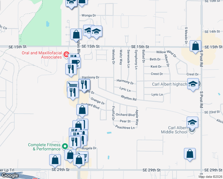 map of restaurants, bars, coffee shops, grocery stores, and more near 1900 Lullaby Lane in Midwest City
