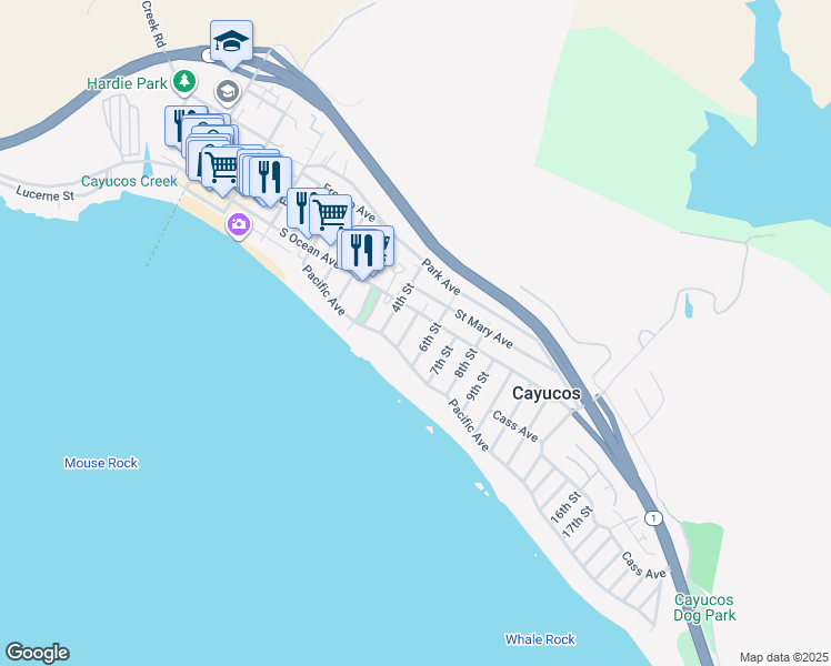 map of restaurants, bars, coffee shops, grocery stores, and more near 60 5th Street in Cayucos