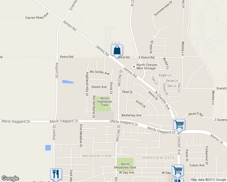 map of restaurants, bars, coffee shops, grocery stores, and more near 4400 Orrick Court in Bakersfield