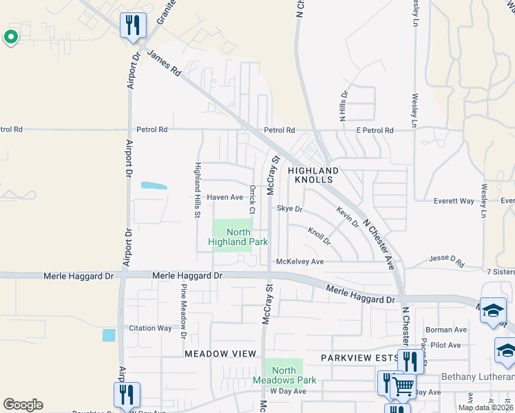 map of restaurants, bars, coffee shops, grocery stores, and more near 4425 Orrick Court in Bakersfield