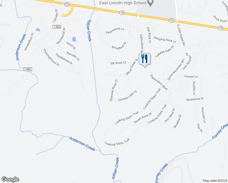 map of restaurants, bars, coffee shops, grocery stores, and more near 151 Chimney Rock Court in Stanley