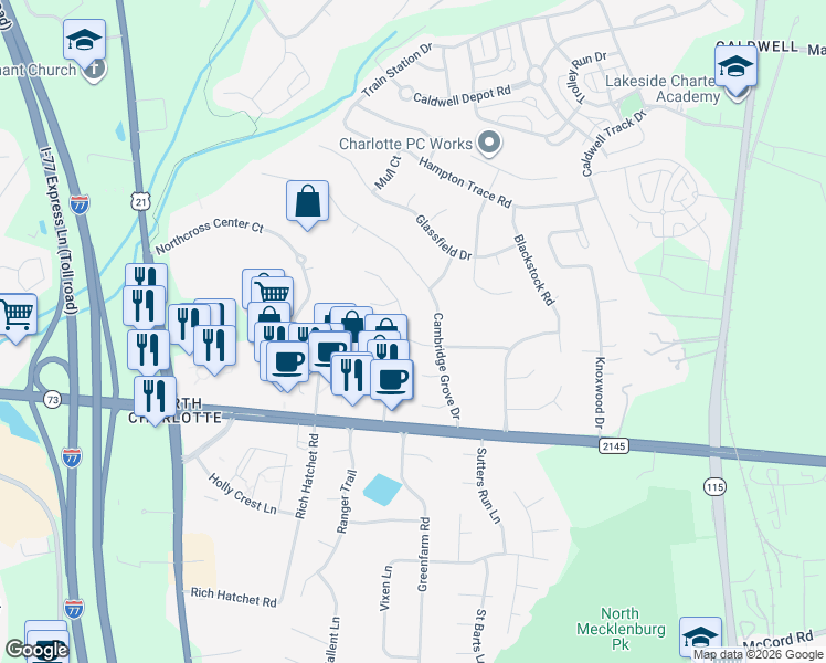 map of restaurants, bars, coffee shops, grocery stores, and more near 16908 Stinson Avenue in Huntersville