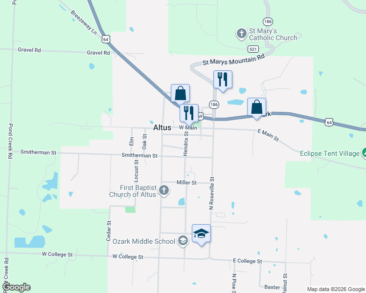 map of restaurants, bars, coffee shops, grocery stores, and more near Hendrix St in Altus