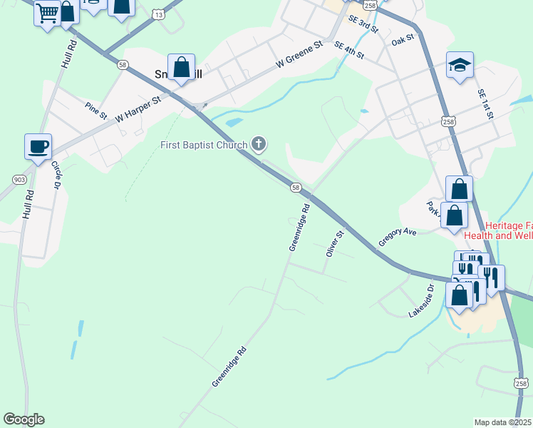 map of restaurants, bars, coffee shops, grocery stores, and more near Aiken Drive in Snow Hill