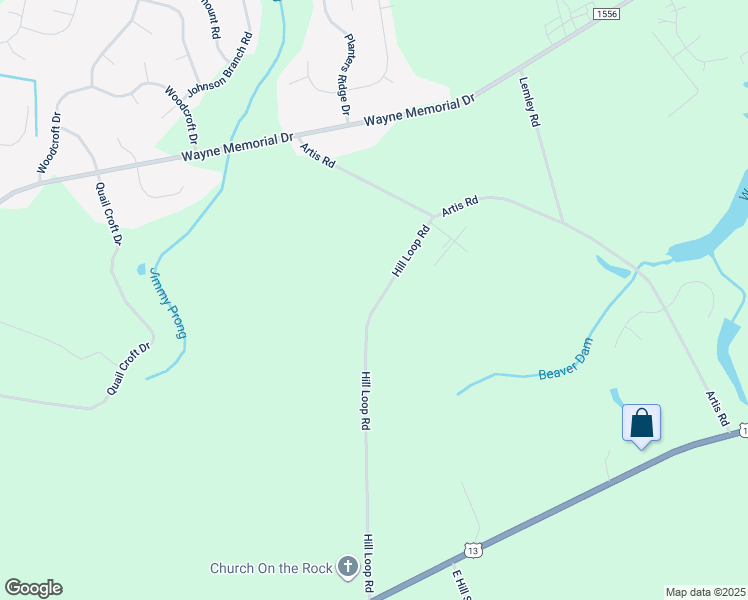 map of restaurants, bars, coffee shops, grocery stores, and more near 381 Hill Loop Road in Goldsboro
