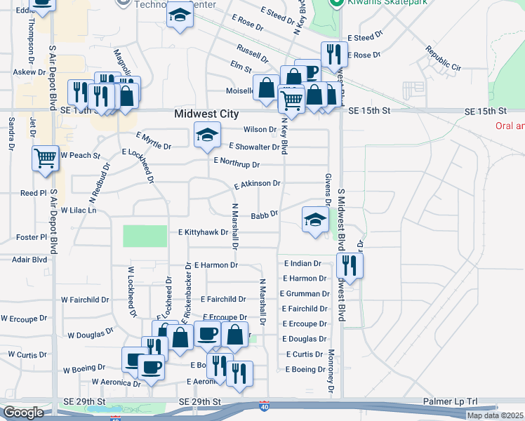map of restaurants, bars, coffee shops, grocery stores, and more near 904 Borum Place in Midwest City