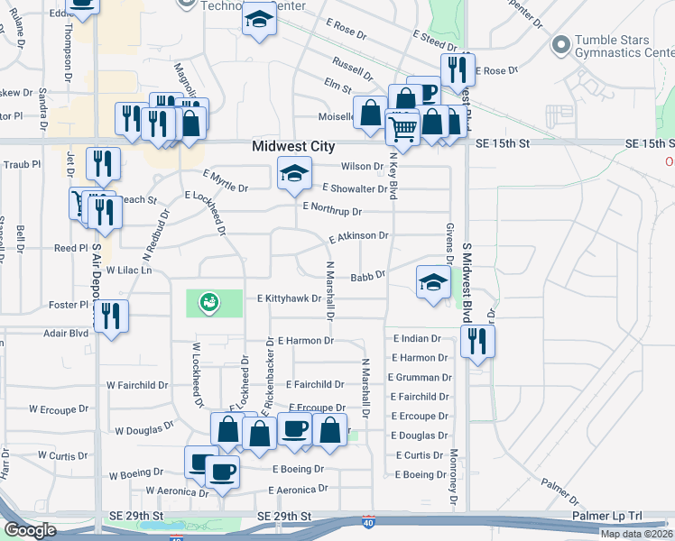 map of restaurants, bars, coffee shops, grocery stores, and more near 907 North Marshall Drive in Midwest City
