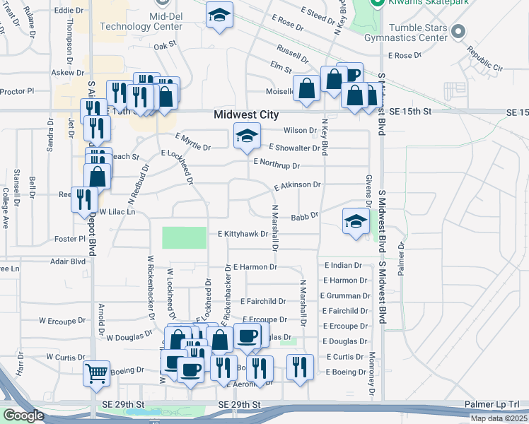 map of restaurants, bars, coffee shops, grocery stores, and more near 907 North Marshall Drive in Midwest City