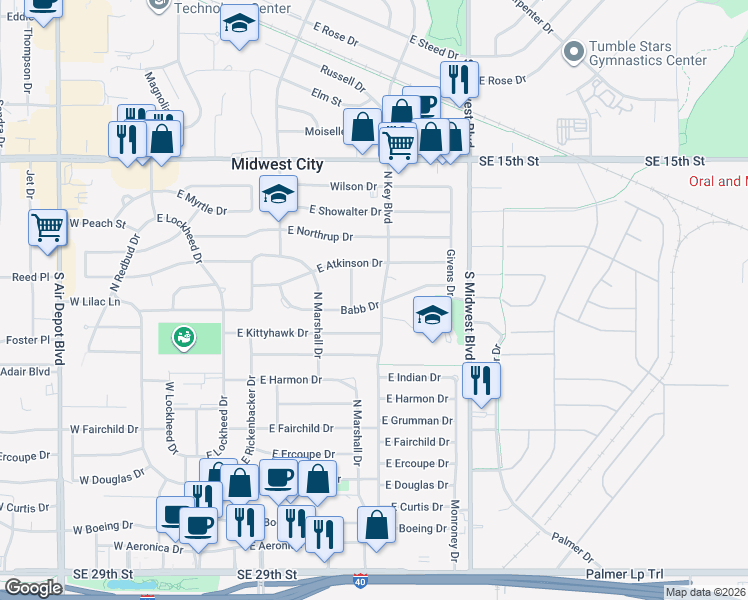 map of restaurants, bars, coffee shops, grocery stores, and more near 900 North key Boulevard in Oklahoma City