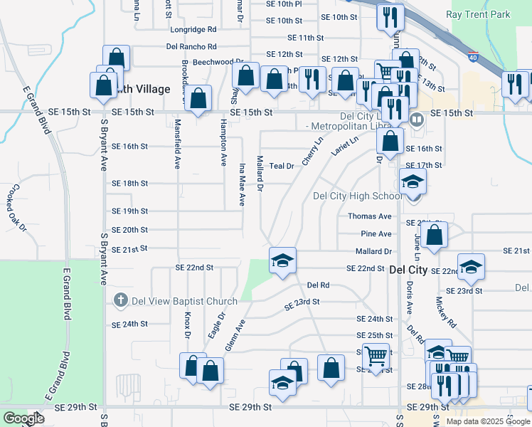 map of restaurants, bars, coffee shops, grocery stores, and more near 1909 Cherry Lane in Del City