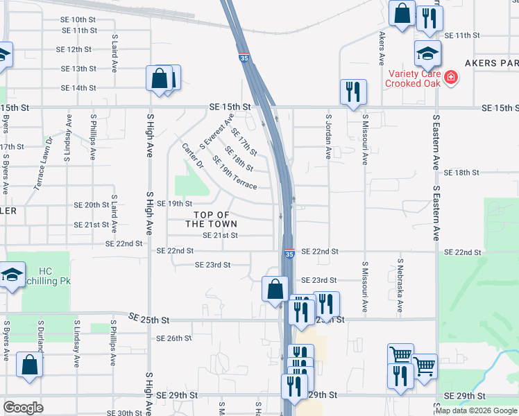 map of restaurants, bars, coffee shops, grocery stores, and more near 1232 Carter Drive in Oklahoma City