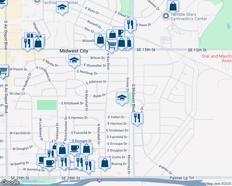map of restaurants, bars, coffee shops, grocery stores, and more near 530 Babb Drive in Midwest City