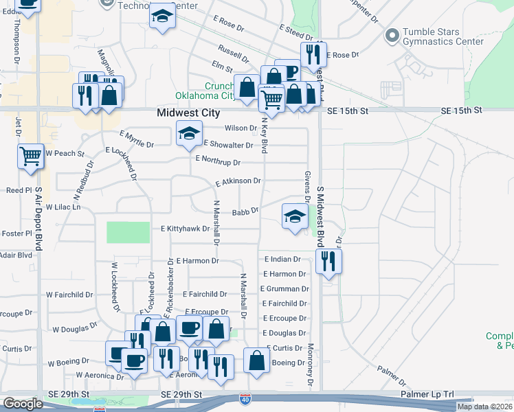 map of restaurants, bars, coffee shops, grocery stores, and more near 900 North key Boulevard in Oklahoma City