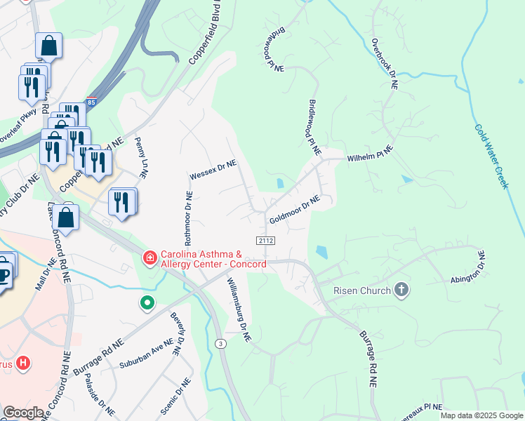 map of restaurants, bars, coffee shops, grocery stores, and more near Wilhelm Place Northeast in Concord