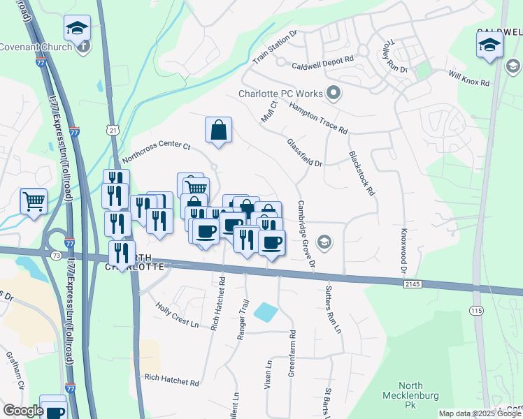 map of restaurants, bars, coffee shops, grocery stores, and more near 10005 Glencrest Drive in Huntersville