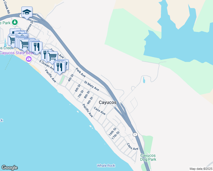 map of restaurants, bars, coffee shops, grocery stores, and more near 833 Park Avenue in Cayucos