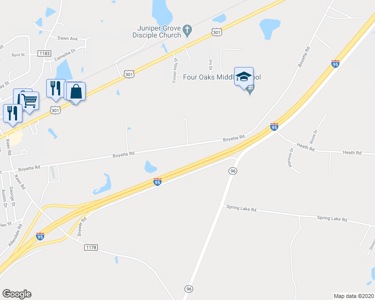 map of restaurants, bars, coffee shops, grocery stores, and more near 1096 Boyette Road in Four Oaks