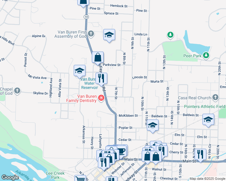 map of restaurants, bars, coffee shops, grocery stores, and more near 712 Adeline Lane in Van Buren