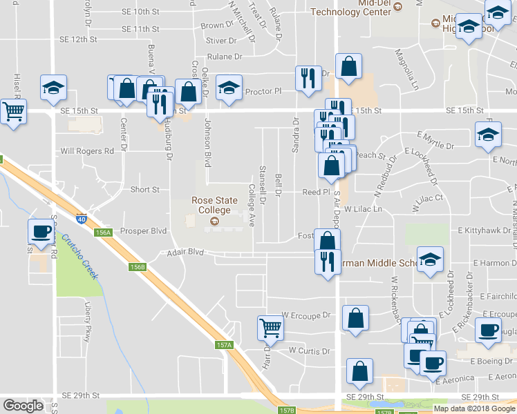map of restaurants, bars, coffee shops, grocery stores, and more near 903 Stansel Drive in Midwest City