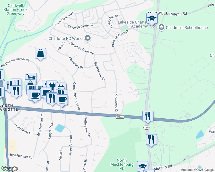 map of restaurants, bars, coffee shops, grocery stores, and more near 10411 Blackstock Road in Huntersville