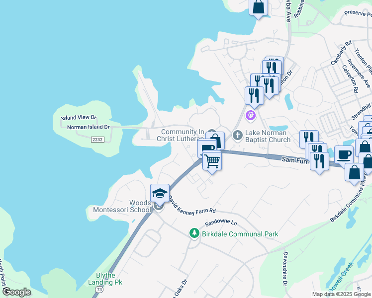 map of restaurants, bars, coffee shops, grocery stores, and more near 7608 Woods Lane in Cornelius