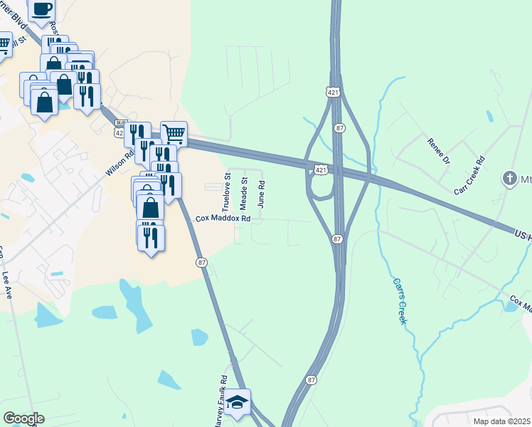 map of restaurants, bars, coffee shops, grocery stores, and more near 401 Cox Maddox Road in Sanford