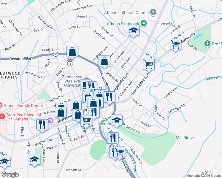 map of restaurants, bars, coffee shops, grocery stores, and more near 205 Green Street in Athens