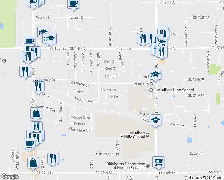 map of restaurants, bars, coffee shops, grocery stores, and more near 9701 Sonata Court in Oklahoma City