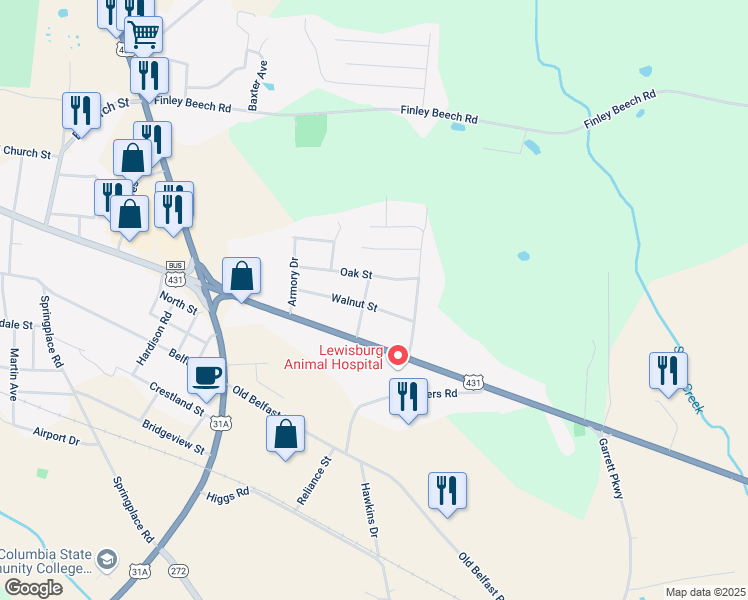map of restaurants, bars, coffee shops, grocery stores, and more near 207 Hickory Drive in Lewisburg