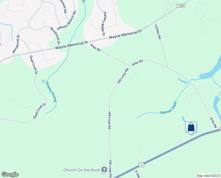 map of restaurants, bars, coffee shops, grocery stores, and more near 381 Hill Loop Road in Goldsboro