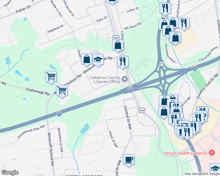 map of restaurants, bars, coffee shops, grocery stores, and more near 297 Stewart Street Northwest in Concord