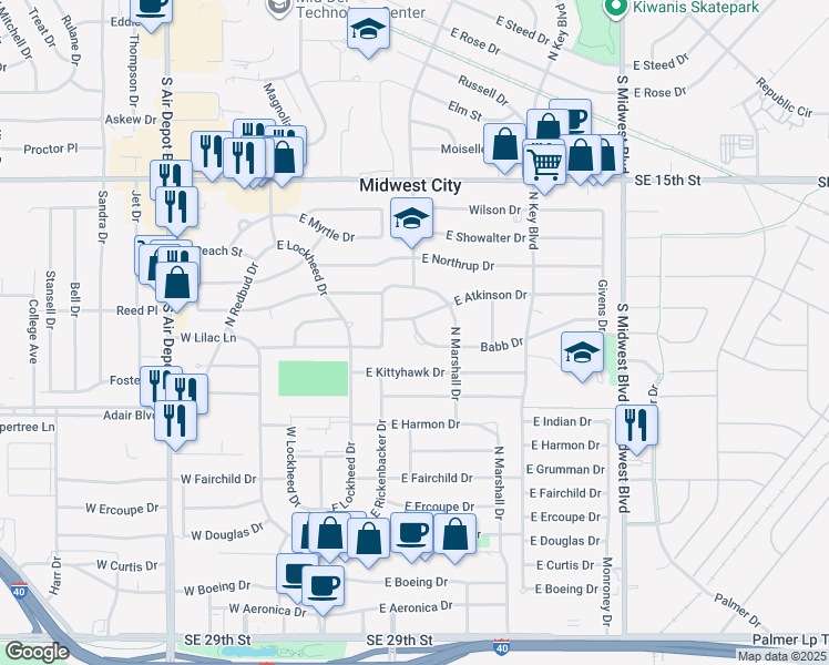 map of restaurants, bars, coffee shops, grocery stores, and more near 306 Babb Drive in Oklahoma City