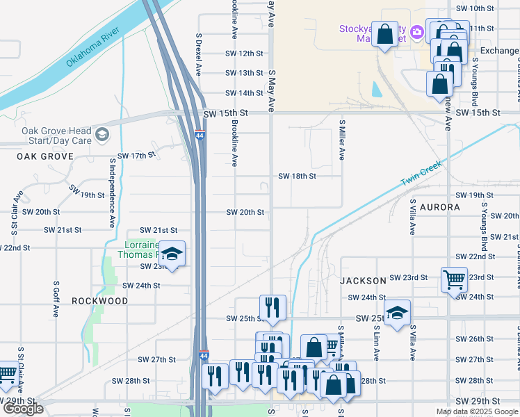 map of restaurants, bars, coffee shops, grocery stores, and more near 2017 South May Avenue in Oklahoma City