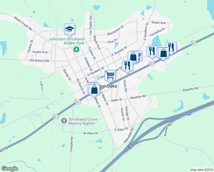map of restaurants, bars, coffee shops, grocery stores, and more near in Four Oaks