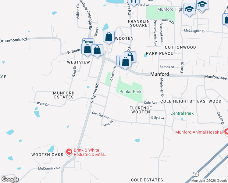 map of restaurants, bars, coffee shops, grocery stores, and more near 36 Parkside Cove in Munford