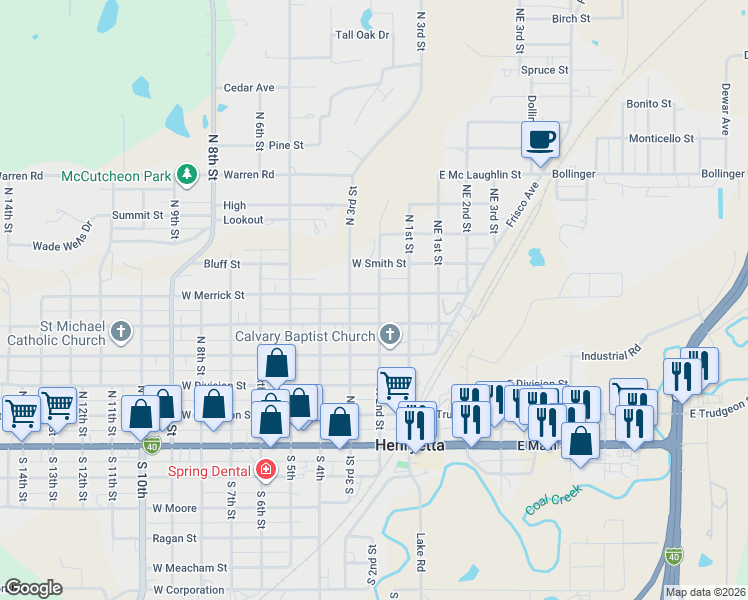 map of restaurants, bars, coffee shops, grocery stores, and more near 201 West Merrick Street in Henryetta
