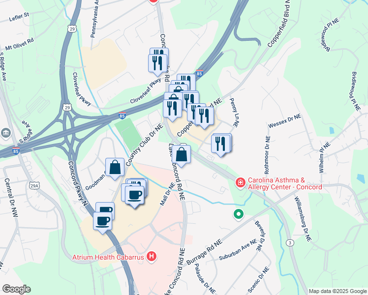 map of restaurants, bars, coffee shops, grocery stores, and more near 540 Lake Concord Road Northeast in Concord