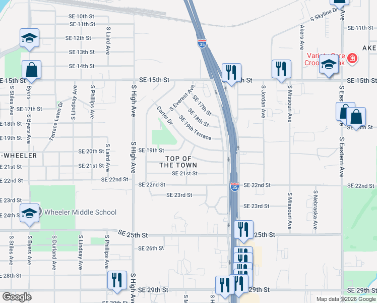 map of restaurants, bars, coffee shops, grocery stores, and more near 1200 Carter Drive in Oklahoma City